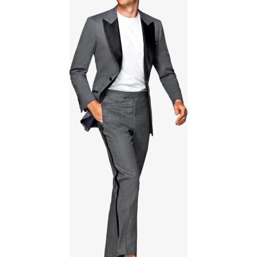 Custom Made Groomsmen Peak Black Lapel Groom Tuxedos Grey Men Suits Wedding/Prom/Dinner Best Man Blazer (Jacket+Pants+Tie)