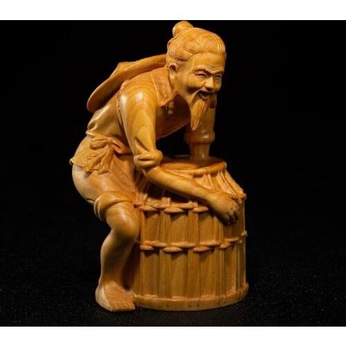Boxwood 10cm Fisherman Sculpture Chinese Culture Traditional Wood Carving Figure Statue Home Decor