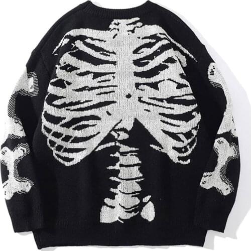 High Street Vintage Sweater Men Skull Skeleton Print Knitted Pullover Fashion Casual O-Neck Oversized Streetwear Unisex Autumn