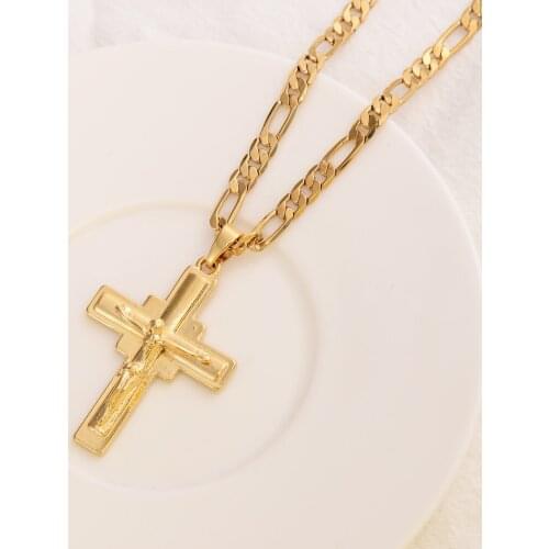 Vintage Necklace Jesus Christ Crucifix Mens Necklace Gold Cross Religious Pendant Necklace With Chain Around The Neck Jewelery