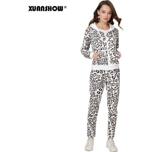 XUANSHOW 2021 Women Tracksuit Sportswear Autumn Fashion Leopard Print Coat with Hooded Woman Outfit Long Pant Suit Set Plus Size