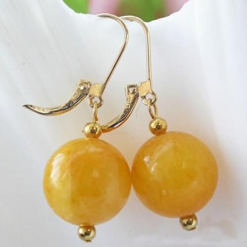 New Unique Pearls Jewelry Handmade Gemstones 14mm Round Yellow Agates Beads 14k Gold Dangle Earrings Charming Women Gift