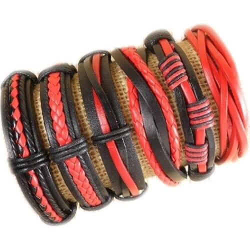 Handmade Lovely Wholesale 6pcs/lot ethnic tribal genuine adjustable Red&Black leather bracelets for women -S39
