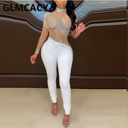 Women Long Sleeve Diamond Embellished Jumpsuit Slim Party Club Overalls