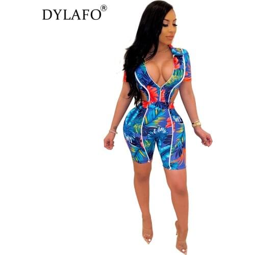 Sexy Hollow Out Skinny Female Printed Playsuits Summer High Quality Fitness Leisure Sports Streetwear Fashion Stretch Jumpsuits