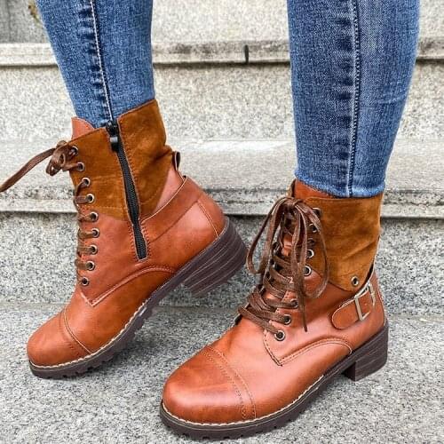Winter New Martin Boots Womens Large Size Shoes Thick Heel Lace-up Belt Buckle Short Boots Female Ankle Boots Leather Boots