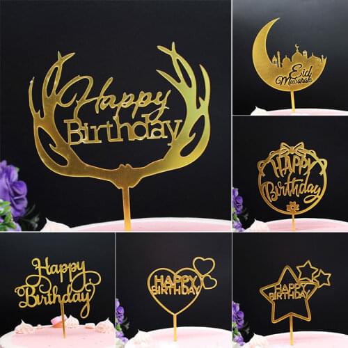 1PC Happy Birthday Cake Topper Acrylic Gold Cake Top Flag Birthday Party Dessert Decoration Baby Shower Supplies Cupcake Topper