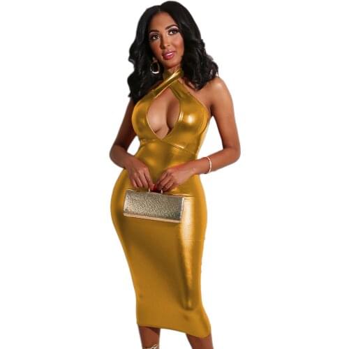 Shiny Metallic Sexy Bodycon Dress Women Halter Hollow Out Backless Off Shoulder Birthday Elegant Party Club Dresses Vestidos