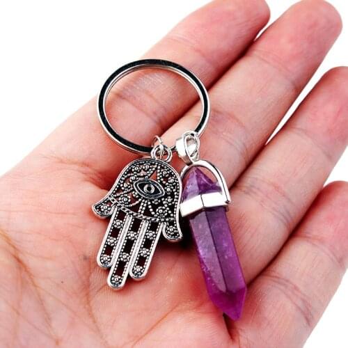 1 PC Fashion Natural Stone Pendant Keychain Natural Quartz Stone Evil Eye Fatima Pink Crystal Key Chains Accessorie Jewelry Gift