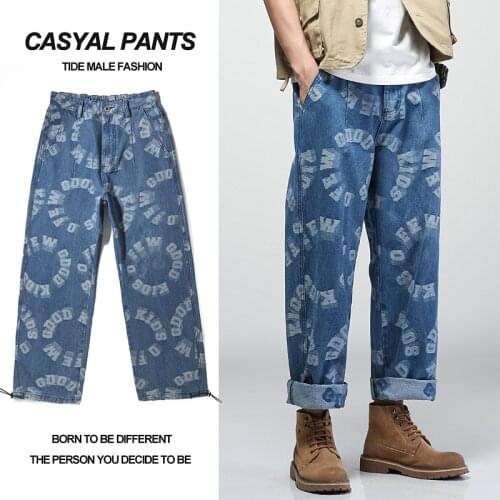 Young mens brand fashion loose casual jacquard jeans trend high street mid-waist straight-leg pants wide-leg pants