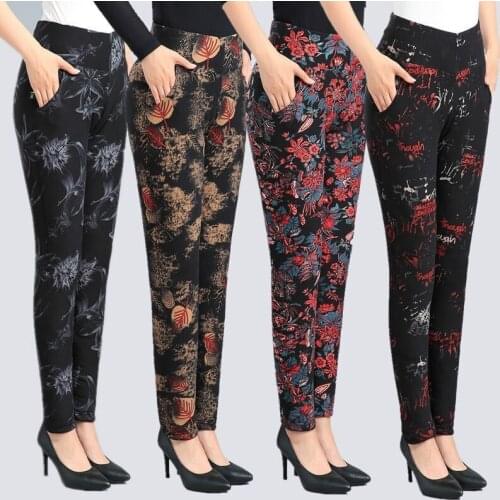Autumn Winter New Women Elastic Waist Pencil Pants High Quality Thicken Warm Casual Pants Vintage Print Long Trousers X638