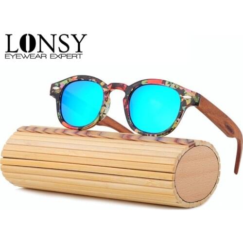 LONSY Wood Sunglasses Women Handmade Round Bamboo Sun Glasses For Men Polarized Mirror Coating Lenses Eyewear gafas de sol