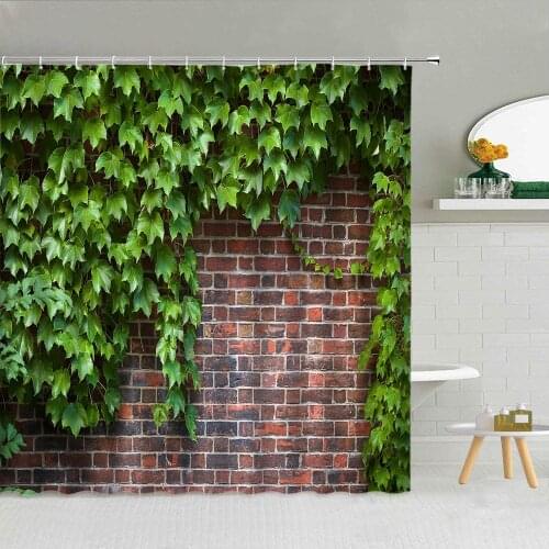 Stone Wall Green Vine Shower Curtain Stone Brick Background Rose Flower Bathroom Home Decor Polyester Fabric Hanging Curtains