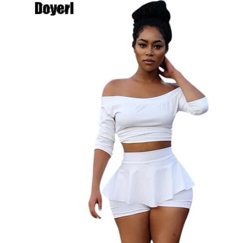 White Two Piece Set Women Suit Autumn Crop Top and Shorts Set Slash Neck Pleated Skort Casual Party Club Sexy 2 Piece Outfits