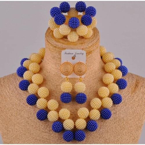 Royal blue and champagne gold african beads necklace jewelry set nigerian wedding set FZZ110