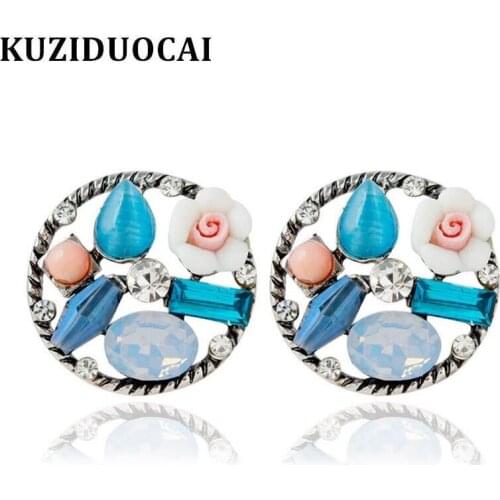 Kuziduocai New Fashion Fine Jewelry Rhinestones Round Hollow Opal Green Stone Crystal Flowers Gift Stud Earrings For Women E-537