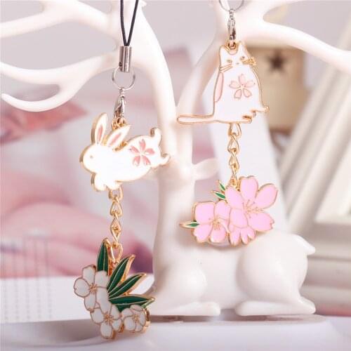 Cute Japanese Rabbit Keychains Smart Phone Strap Lanyards for Car Keys Mobile Phone Charms Bag Decor Sweet Cheery Flower Pendant