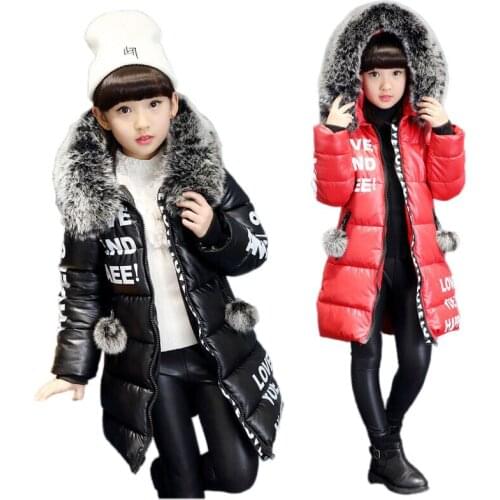 Fashion girl down coat cool letter fur hooded long down coat jacket for 3-12years girls child kids Winter coat clothes outerwear
