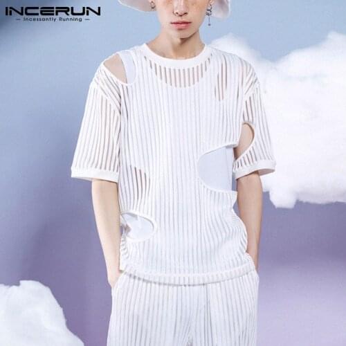 Men T Shirt O Neck Short Sleeve Mesh Striped Hollow Out Casual Tee Tops 2021 Sexy Streetwear See Through Camisetas S-5XL INCERUN