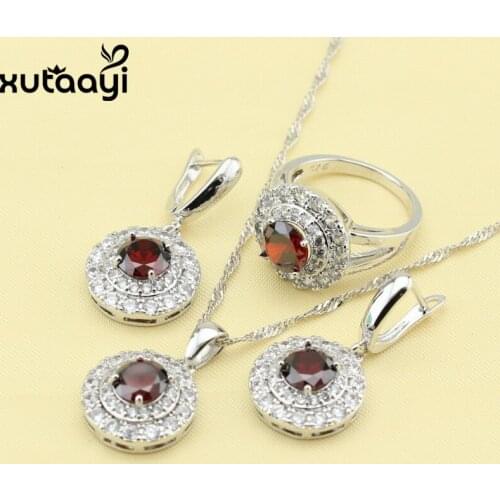 Fancy Silver Bridal Wedding Fashion Health Jewelry Set,Clean Red Stones Cubic Zirconia Earrings Necklace Pendant Rings