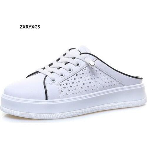 New Round Toe Hollow Genuine Leather Slippers Women Summer Sandals Bottom Flat Thick Sole Non-slip White Shoes Casual Sandals