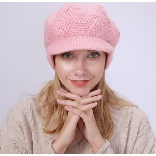 New European and American Solid Color Plus Velvet Rabbit Hair Knitted Warm Twill Autumn and Winter Cap Ladies Beret