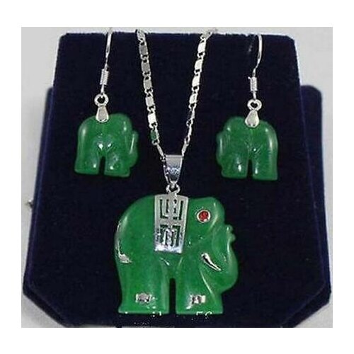 Charming! Natural 14K Green Jade Elephant Pendant Necklace Earring Set