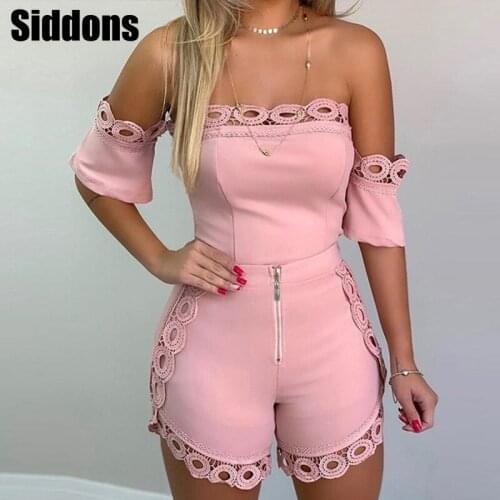Casual 2 Piece Set Off Shoulder Hollow Out Short Sleeve Tops & Zipper Shorts Set