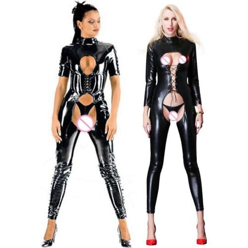 Sexy Wetlook Faux Leather Catsuit with Panties PVC Latex Bodysuit Open Crotch Clubwear Fetish Hot Erotic Pole Dance Lingerie