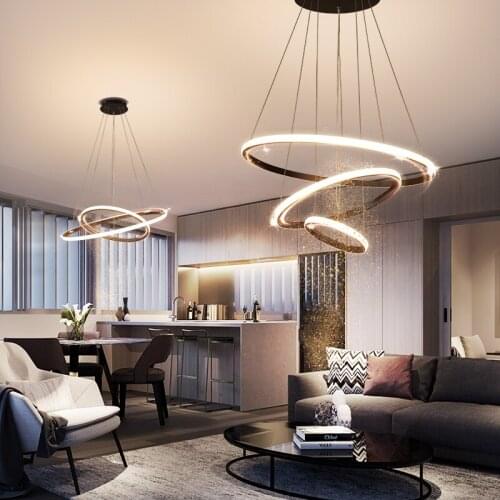 Nordic modern living room dining room kitchen clothing store LED lamp with remote control dimming black/gold ring chandelier