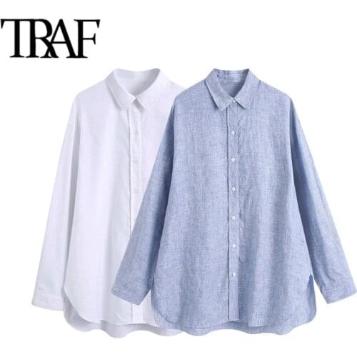 TRAF Women Fashion Oversized Linen Asymmetric Blouses Vintage Long Sleeve Button-up Female Shirts Chic Tops