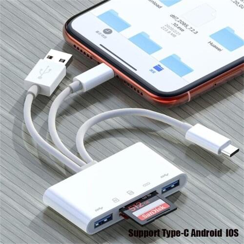 3 Heads USB Adapter 5 in 1 TypeC Android IOS Flash Drive SD/TF Card Reader Adapter for iphone ipad Macbook Laptop Xiaomi Samsung