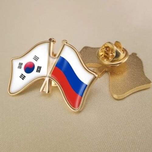 South Korea and Russian Federation Crossed Double Friendship Flags Lapel Pins Brooch Badges