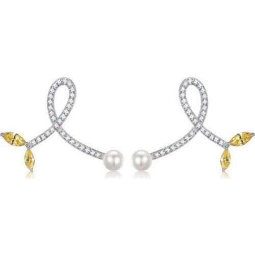 SLJELY New 925 Sterling Silver Pearl Leaf Crossed Earrings 2 Tone Cubic Zircon Crystal Women Wedding Party Brand Design Jewelry