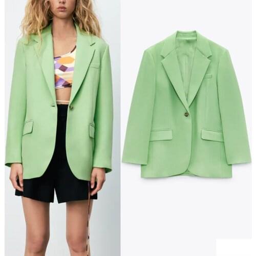 Za Oversized Menswear Style Woman Blazer 2021 Green Lapel Long Sleeve Blazer Casual Flap Pocket Button Loose Blazers Femal Mujer