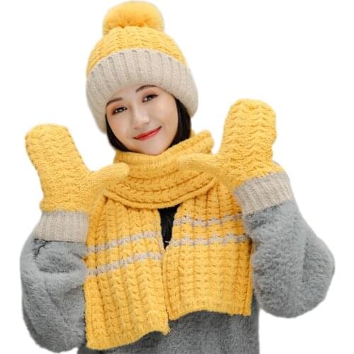 Women Winter 3Pcs Plush Lined Contrast Color Beanie Hat Long Scarf Gloves Set