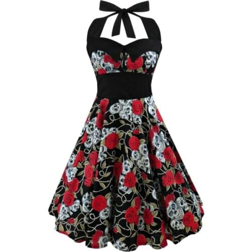 Plus Size Women Floral Skull Print Off Shoulder Sexy Halter Dress 2021 Summer Retro Vintage Hepburn Pin Up Rockabilly Vestidos