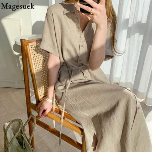 Casual Summer Women Shirt Dress Vintage 2021 Korean Loose Cardigan Short Sleeve Solid Linen Shirt Long Dresses Vestidos 9662