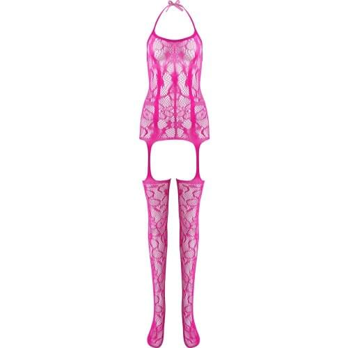 Women Halter Neck See-Through Stretchy Bodystocking Backless Cutout Pantyhose Sleeveless Crotchless Sexy Bodysuit for Nightclub