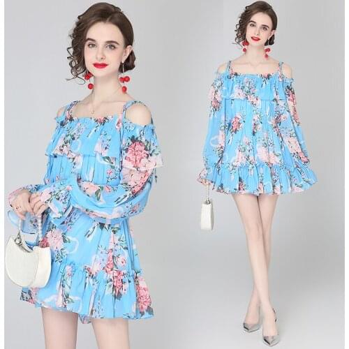 2021 New Women Slash Neck Holiday Short Dresses Runway Summer Ruffles Flower Printed Blue Chiffon Long Sleeve Boho Beach Dress