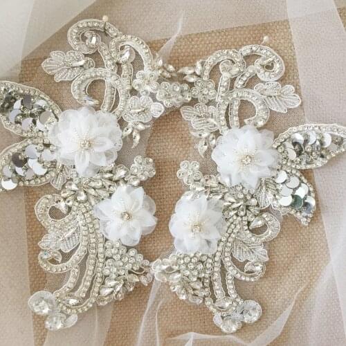 1 Pair Decent Leaf Rhinestone Applique Pair Crystal Beaded Bridal Gown Bodice Cape Couture Crystal Applique