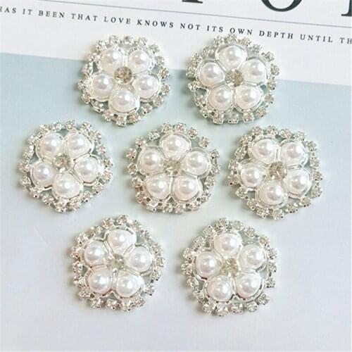 10 PCS 28mm Metal Alloy Silver color Crystal Rhinestones Imitation Pearl Flowers Connectors Charm DIY Headwear Accessories
