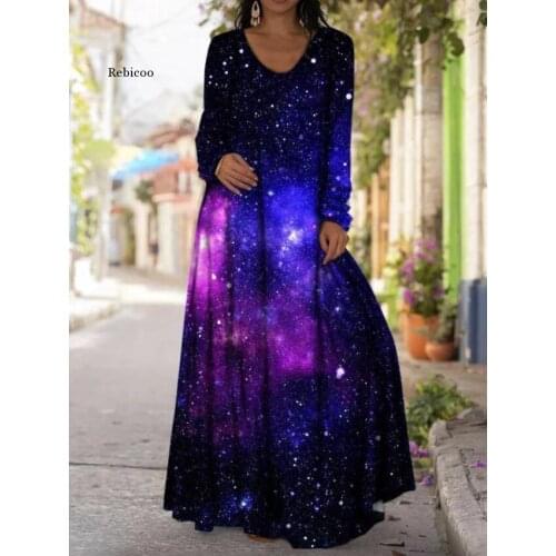 3D Starry Print Long Dresses Women Long Sleeve V Neck Loose Casual Maxi Dress Creative Plus Size Dress for Women