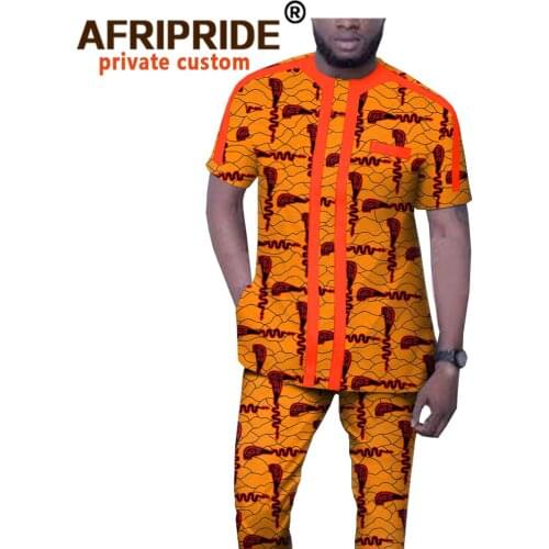 African Clothing for Men Short Sleeve Dashiki Tops and Pants 2 Piece Set Suit Ankara Clothes Wax Attire AFRIPRIDE A1916045