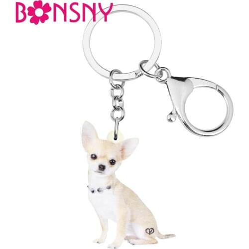 Bonsny Acrylic Cute Chihuahua Dog Keychains Keyring Original Pet Animal Key Chain Jewelry For Women Kids Gift Bag Purse Charms