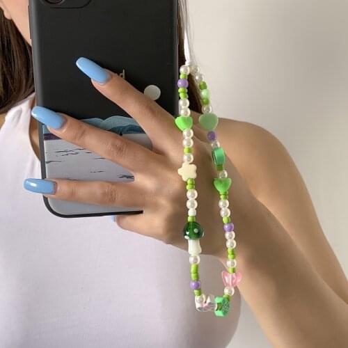 2021 Green Mushroom Heart-shaped Phone Chain Women Soft Pottery Beaded Mobile Strap Phone Charm Girl Anti-Lost Lanyard Jewelry
