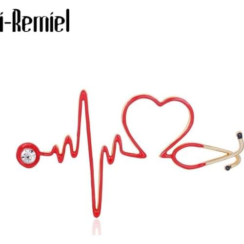 Enamel Love Heart Stethoscope Electrocardiogram Brooches Crystal Heartbeat Doctor Nurse Medical Jewelry Brooch Badge Lapel Pin