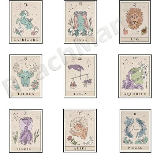 Zodiac constellation art prints: Astrology inspired by Tarot cards, printable wall art, Bohemian style wall decorations, Tarot c