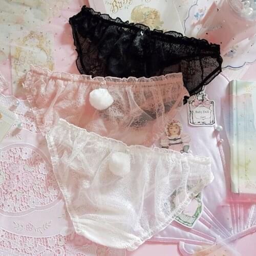 Kawaii Sexy Cute Girls Panties Lace Briefs Womens Underwear Daily Wear Rabbit Tail Lace Bow Pantsu Translucent Fairy Kei