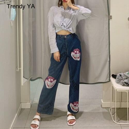 All Year Round New Joker Retro Cartoon Printed Straight Wide Leg Pants Letter Female Denim Tide Trousers